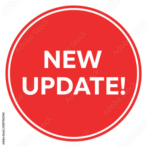 New update red circular badge vector illustration with bold typography for announcements, software updates, alerts, and marketing promotions