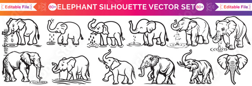 Elephant silhouette collection in black on white background, various wild African animals and baby elephants for wildlife nature design projects.