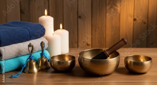 Tibetan singing bowls and bells with towels and candles on wooden table for meditation and relaxation