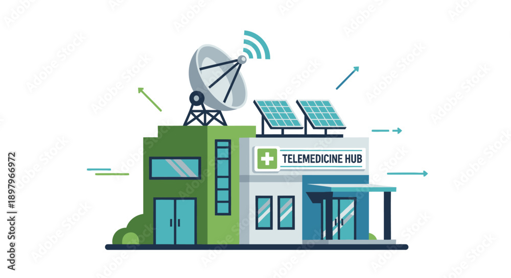 Obraz premium This renewable energy facility illustration showcases a modern utility building equipped with solar panels, satellite communication dishes, and advanced technological infrastructure. The artwork repre