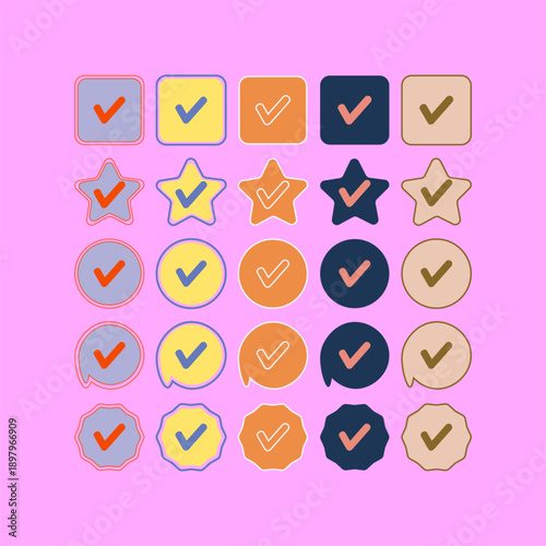 Colorful check mark icon collection and tick symbol badges. Vibrant flat graphic elements for task completion, user interface (UI) feedback, survey results, and digital checklist projects.
