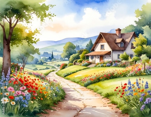 A serene landscape with a house, garden, and pathway