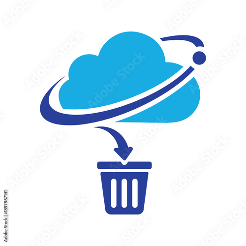 Cloud data deletion icon with orbit line and trash bin disposal sign