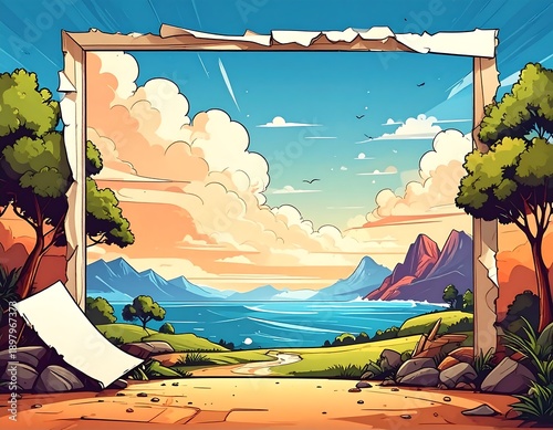 A serene landscape with a mountain range and a body of water