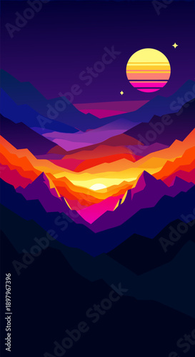 Vibrant Sunset Over Mountains A Stylized Vector Illustration of a Cosmic Landscape