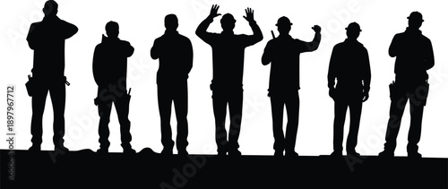 Construction workers silhouette, teamwork on beam, industrial labor, hard hats, building site, safety gear, unity, black and white vector art