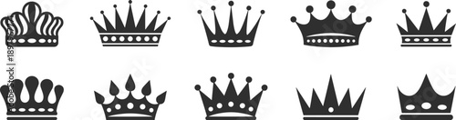 Crown icon silhouette, black vector crowns, royal symbols, decorative design, luxury clipart, monarchy elements, elegant crown set, graphic design, regal 