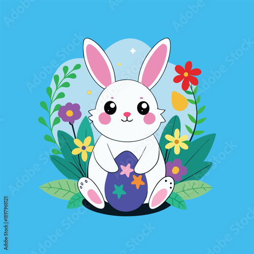 Cute Easter Bunny Character Holding Decorated Egg with Spring Flowers Illustration