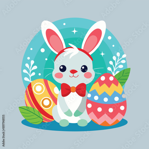 Cute Cartoon Easter Bunny with Colorful Decorated Eggs Illustration