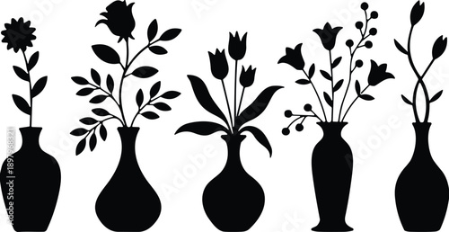 Flower vase silhouette, black and white vector, floral arrangement, tulip, rose, decorative design, elegant flowers, botanical clipart, nature art, home decor