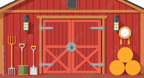 Farm Barn Vector Illustration With Tools And Hay Bales