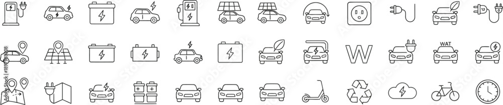 Naklejka premium EV Icons: A comprehensive array of electric vehicle icons, perfect for representing the future of transportation and sustainability.