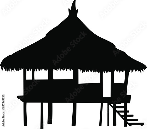 Stilt house silhouette, traditional architecture vector, tropical home icon, Southeast Asian design, elevated structure illustration, thatched roof, cultural building, rural dwelling