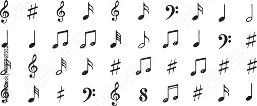 Musical Notation Array: An organized array of musical notations including treble clefs, bass clefs, and diverse musical notes, essential for composition.