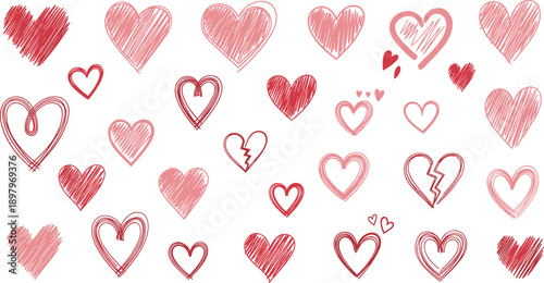 Hand drawn heart shapes collection with sketch, doodle, outline and filled styles for love, romance, wedding and Valentine design elements