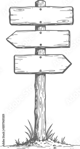 Directional Signpost's guidance: A hand-drawn signpost, its wooden planks beckoning, stands in serene simplicity. It conveys navigation, a rustic appeal and suggests choices and directions.