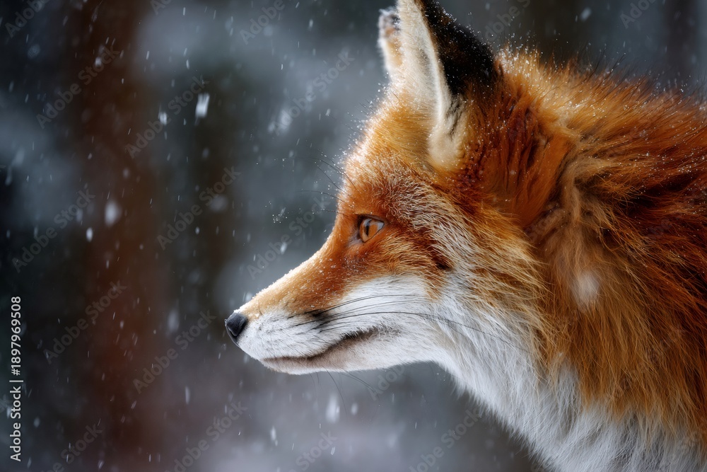Obraz premium Red fox looking ahead during snowfall in forest
