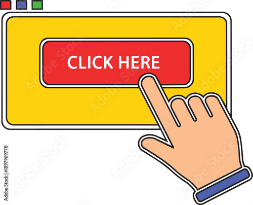 Hand clicking on a red button with the text CLICK HERE, symbolizing user interaction and call to action on a webpage or application interface