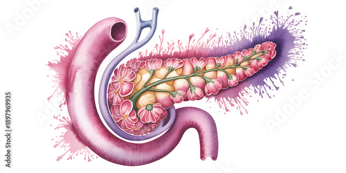 Artistic watercolor illustration of the human pancreas organ with flowers and duct isolated on transparent background