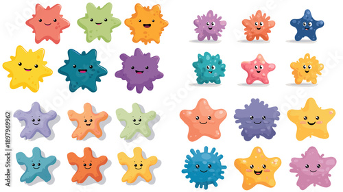 Cute cartoon star and virus characters with playful faces and bright colors. Friendly abstract microbes perfect for kids stickers education science and creative illustration sets.