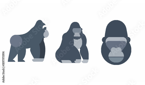 Gorilla silhouette flat vector illustration set showing dynamic motion poses