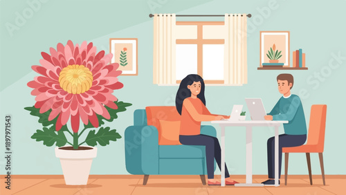 Two people working remotely at home with a large flower