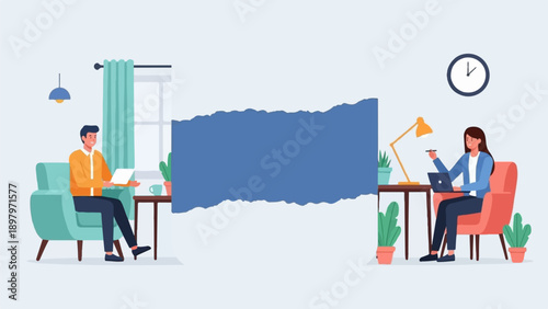 Two people working remotely from their homes, separated by a blue void