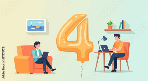 Two people working remotely on laptops with a giant orange balloon