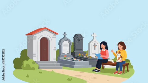 Two women and a dog sit on a bench in a cemetery beside gravestones
