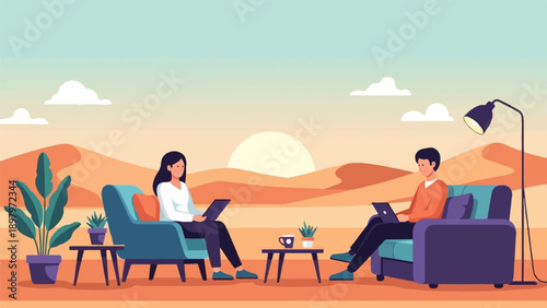 Two people working on laptops in comfortable chairs in a desert landscape