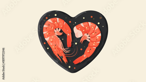 Two pink shrimp arranged in a heart shape on a dark plate with scattered spices