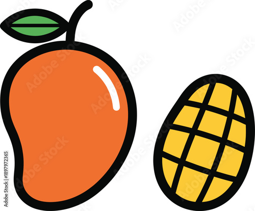 Whole and sliced mango fruit vector illustration with bold outline in flat cartoon style for food graphics