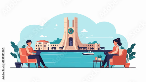 Two people working on laptops in comfortable chairs by a calm blue bay with a monument