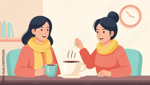 Two women wearing scarves are enjoying hot drinks at a cafe