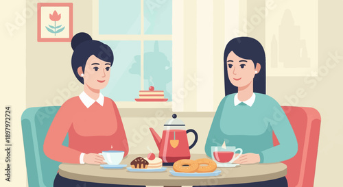Two women enjoying tea and pastries at a cafe table