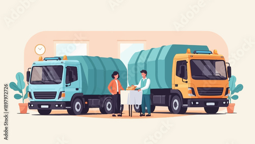 Two trucks, a clock, plants, and two people by a table