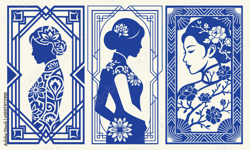 Elegant Cheongsam Silhouettes: Three refined women adorned in the classic cheongsam gown, with intricate floral embellishments, in shades of blue. 