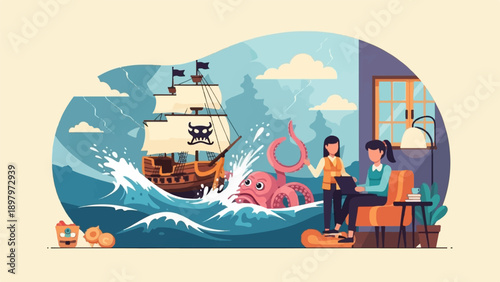 Two women work indoors while a pirate ship battles a kraken at sea