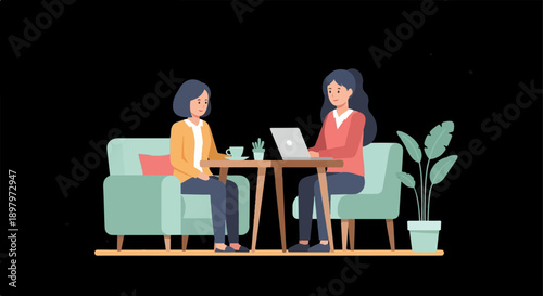 Two women having coffee and working on a laptop