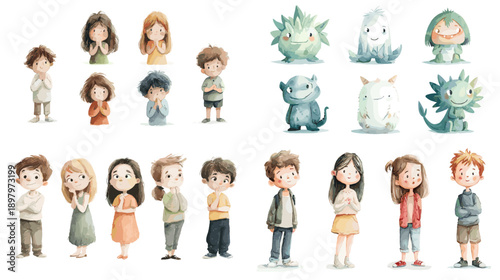 Cute cartoon children and friendly monster characters in soft watercolor style. Playful illustrations perfect for kids education storytelling books and creative design projects.