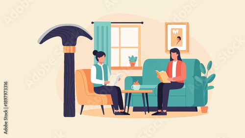 Two women reading books in a cozy living room with a pickaxe