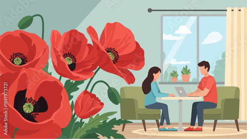 Two people working on laptops inside with large poppies on the left