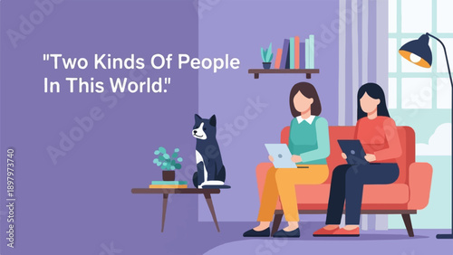 Two women and dog on couch, laptops, books, plant, lamp