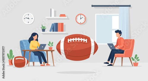 Two people working on laptops near footballs in a room