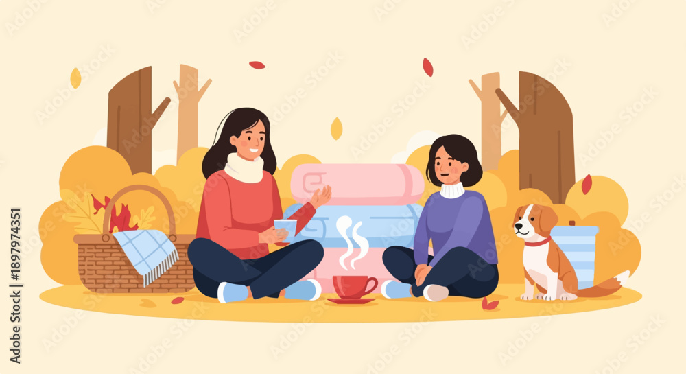 Fototapeta premium Two women share coffee outdoors with a dog and autumn leaves