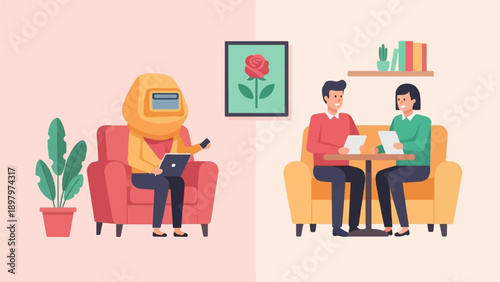 Two scenes depict people interacting with technology and each other