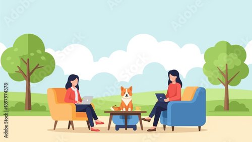 Two women and dog relaxing outdoors, working on laptops on comfy chairs