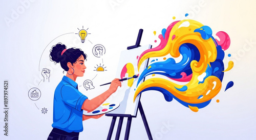 Creative Woman Painting Colorful Art on Canvas Easel with Inspiration Ideas