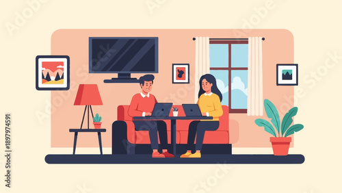 Two people working on laptops on a sofa with home decor