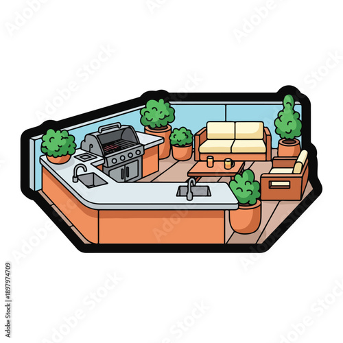 Cozy outdoor kitchen with grill and seating